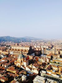 High angle shot of townscape against clear sky