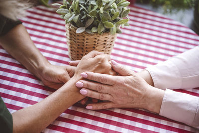 Women holding hands while sitting by table at restaurant
