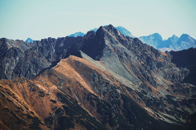 Panoramic view of rocky mountains against clear sky