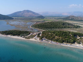 High angle view of beach against clear sky