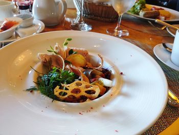 High angle view of meal served in restaurant