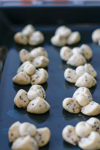 High angle view of eggs on table