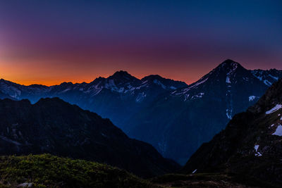 Scenic view of snowcapped mountains against sky at sunset