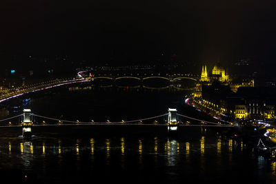 Illuminated bridge over river at night