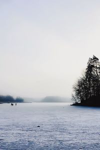 Scenic view of frozen lake during foggy weather