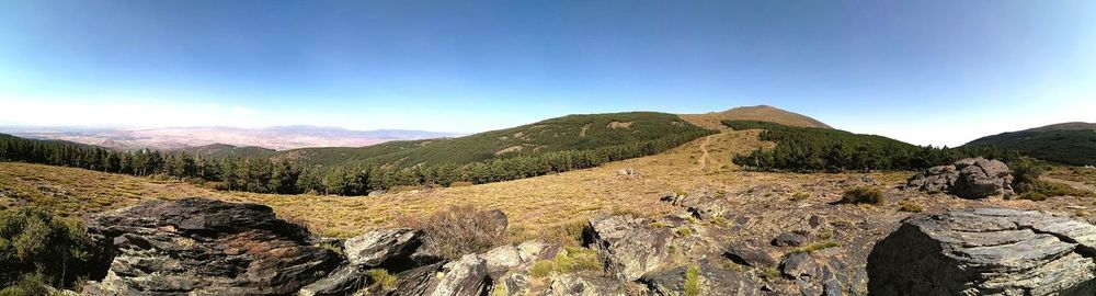 Scenic view of mountains against clear blue sky