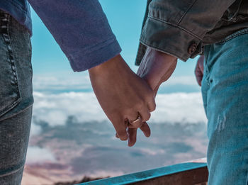 Rear view of couple holding hands on mountain 