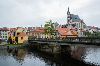 View of buildings by river against cloudy sky