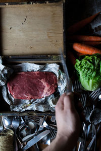 High angle view of person preparing food