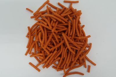 High angle view of carrots on white background