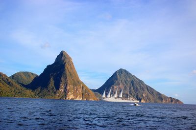 Scenic view of sea and mountains against sky