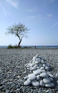 Stones on beach against sky