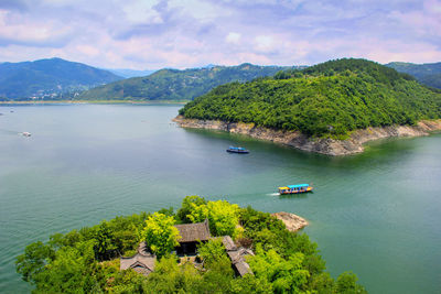 High angle view of boats in bay