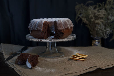 Close-up of chocolate cake on table