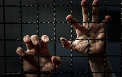 Cropped image of man holding chainlink fence