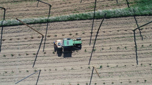 Aerial view of agricultural machinery on field