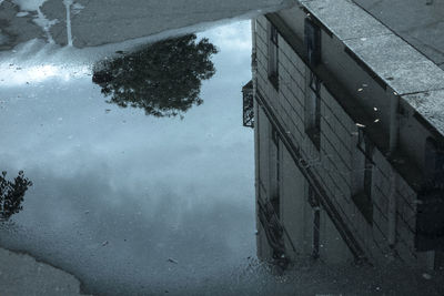 High angle view of reflection in puddle