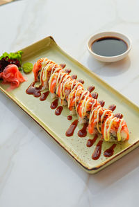 High angle view of sushi in plate on table