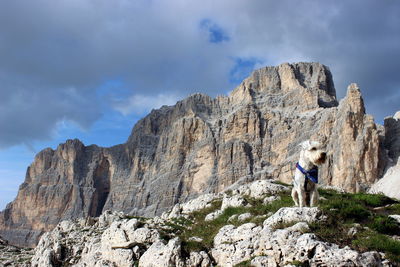 Low angle view of rocky mountains against sky