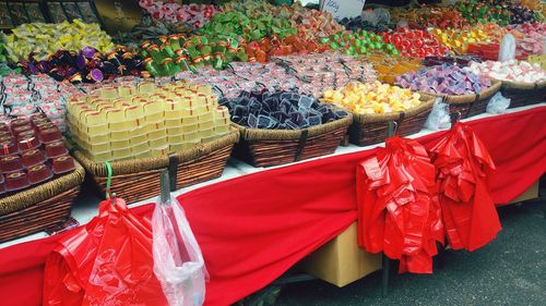 High angle view of various flowers for sale at market stall