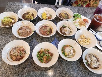 High angle view of meal served on table