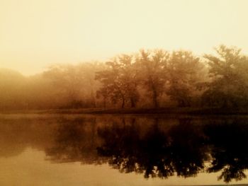 Reflection of trees in lake during sunset