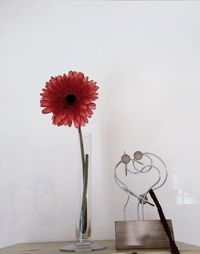 Close-up of flower vase on table against white wall