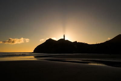 Scenic view of beach against sky during sunset