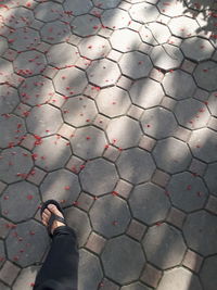 Low section of person standing on cobblestone footpath
