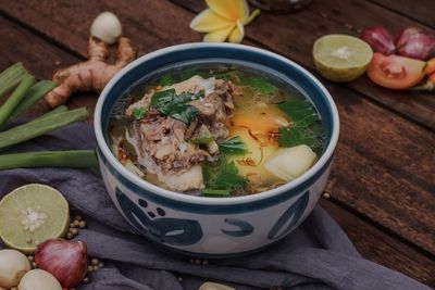 High angle view of soup in bowl on table