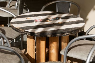 High angle view of empty chairs and table in restaurant