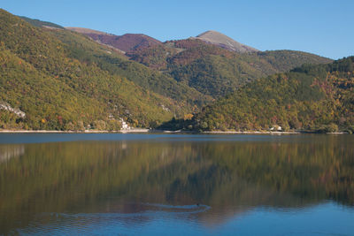 Scenic view of lake by mountains against sky