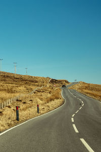 Road passing through landscape against clear blue sky