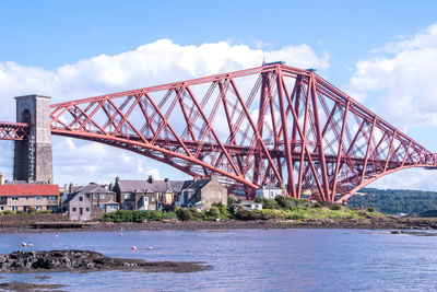 Bridge over river in city against cloudy sky