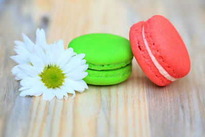 Close-up of multi colored candies on table