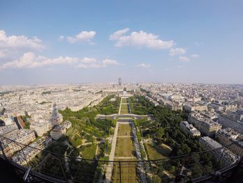 High angle view of buildings in city against sky