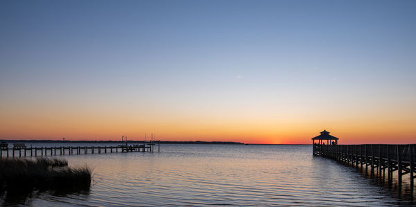 Scenic view of sea against clear sky during sunset