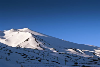 Low angle view of snowcapped mount etna against clear blue sky 