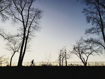 Silhouette of bare trees against sky at sunset