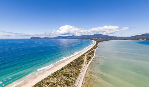 Aerial view of the neck, an isthmus connecting north and south bruny island in tasmania, australia