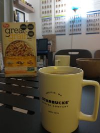 Close-up of coffee cup on table