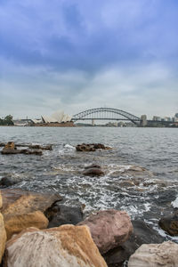 Scenic view of bridge over sea against sky