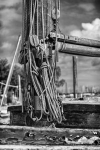 Close-up of ropes tied to pole