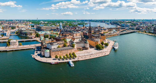 Aerial panoramic view of the old town, gamla stan, in stockholm.