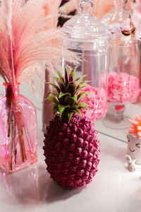 Close-up of pineapple in glass on table