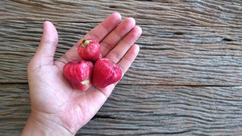 Cropped image of hand holding strawberry