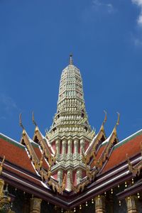 Low angle view of temple building against blue sky