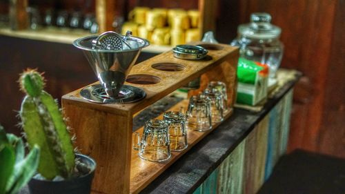 Close-up of wine bottles on table