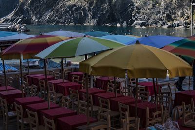 Multi colored umbrellas on beach