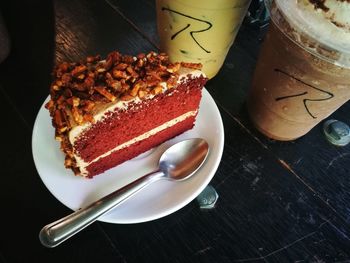 High angle view of cake in plate on table